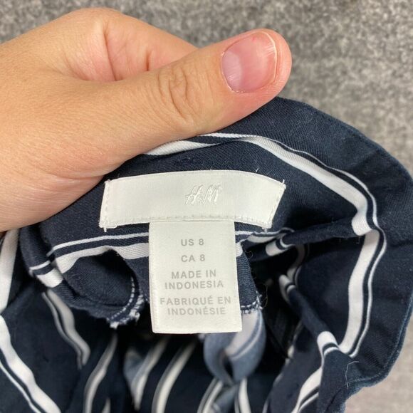 H&M Pants Women 8 Blue Striped Belted High Rise Flat Front Chino Casual Pockets - Picture 8 of 10